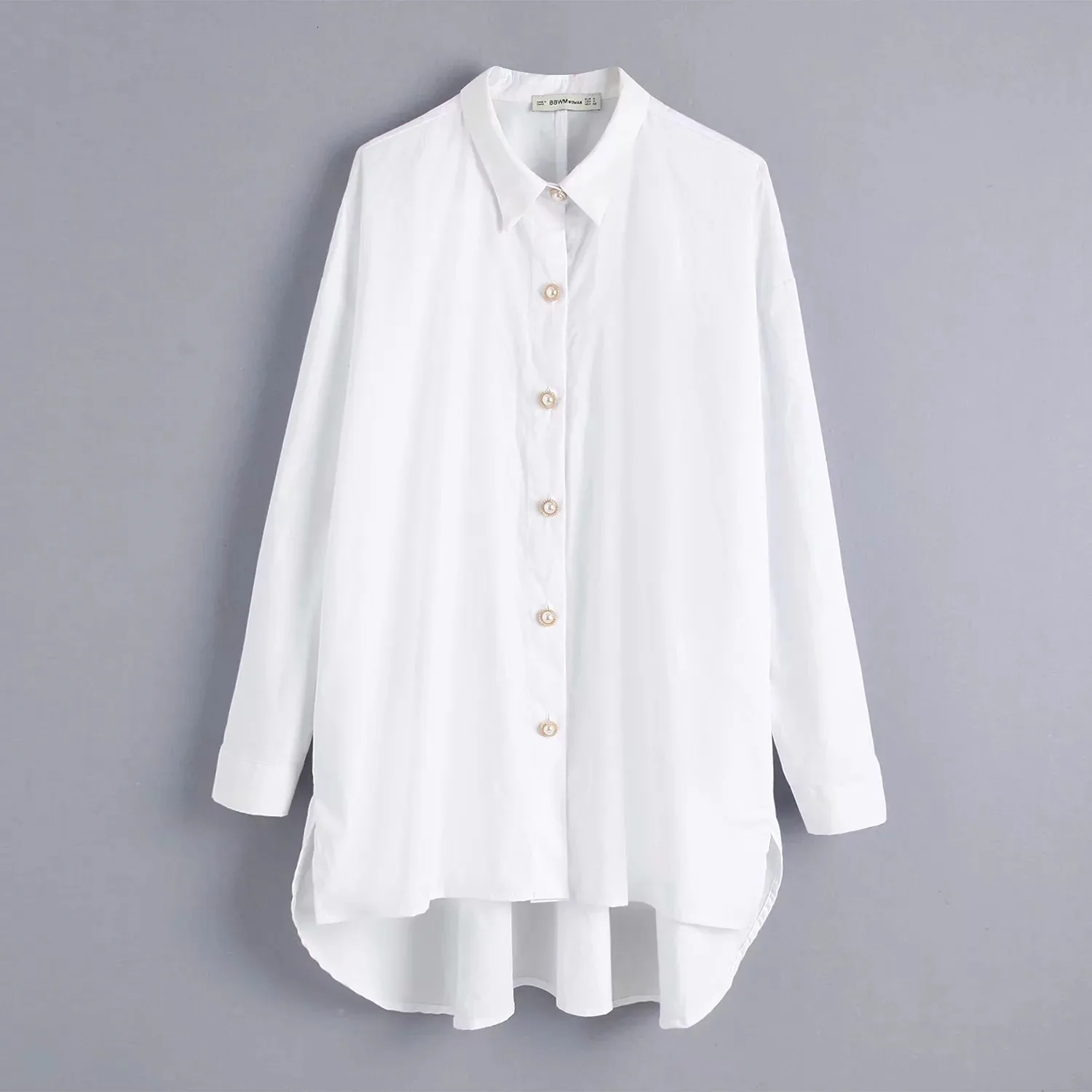 

Pearls Button White Long Shirts Loose Oversize Tops Blouses Women Fall 2019 Long Hem Hip Hop Streetwear