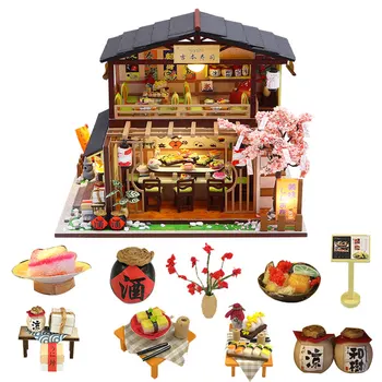 

DIY dollhouse Japanese style Tavern Sushi store Retro mini handmade doll house furniture kit with LED toys for children