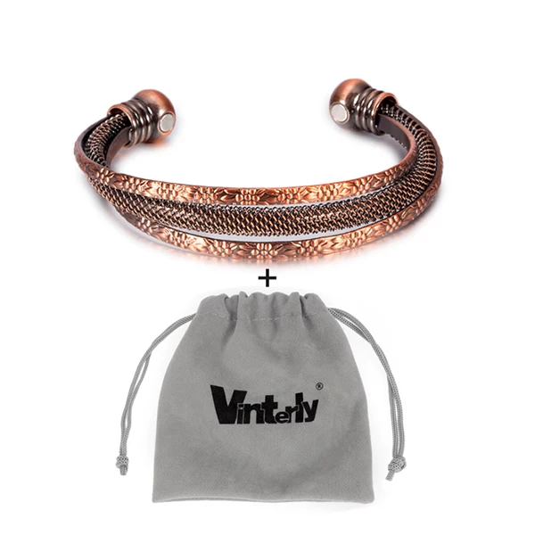 with bag Витой медный браслет Vinterly, винтажный энергетический магнитный браслет с цветами, регулируемые Открытые Браслеты-манжеты, браслеты, подарки для женщин - Окраска металла: with bag