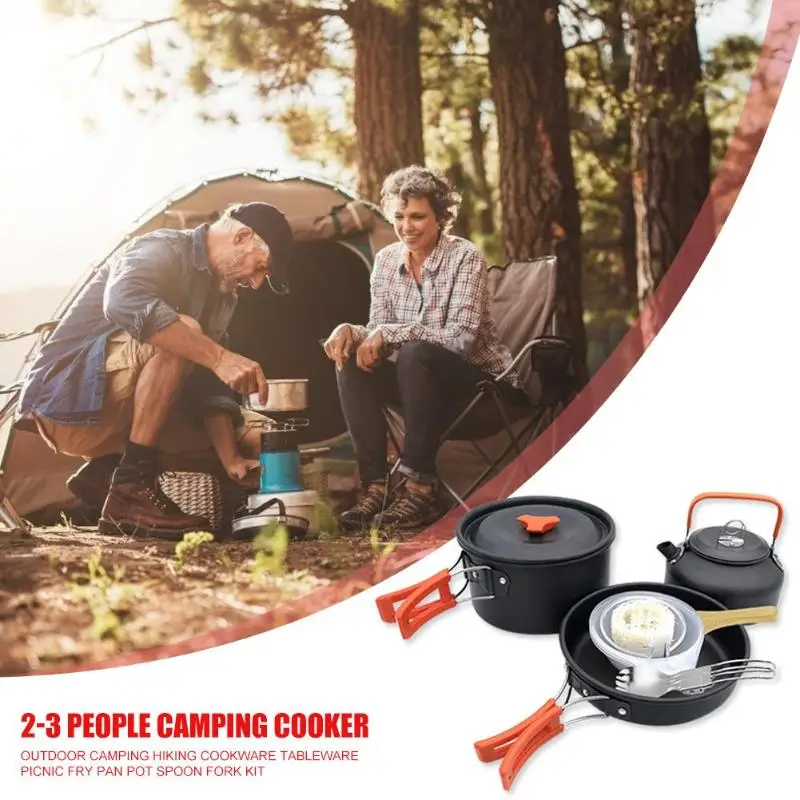 Outdoor Camping Hiking Cookware Tableware Picnic Cooking Pan Fry Pan Kettle Teapot Foldable Fork Spoon Kit Camping Picnic Tools