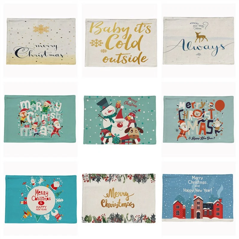 

Christmas Tree Kitchen Placemat Coaster Santa Claus Dining Table Mats Snowman Cotton Linen Pad Bowl Cup Mat 44x28cm