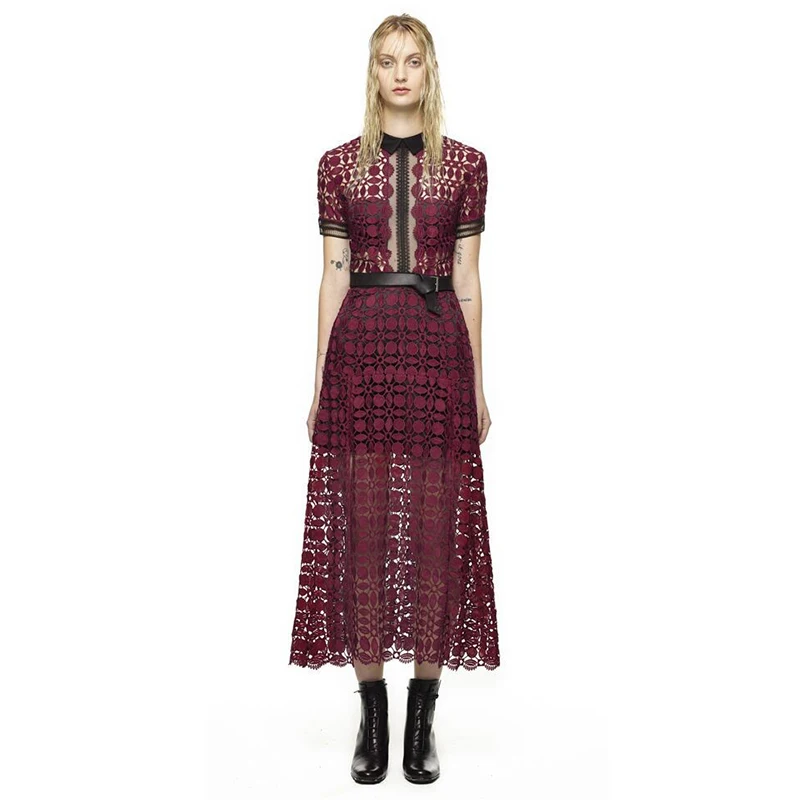 

Runway Designer Self Portrait Party Dress Women Elegant Short Sleeve Hollow Out Lace Long Dress Sexy Vintage Summer Dress A462