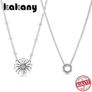 

2020 High-quality Silver 925 Shiny Honeycomb Hexagon High-density Diamond, Pave Daisy Flower Necklace Original Ladies Jewelry