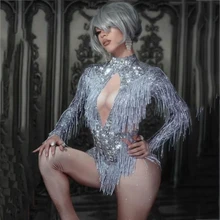 

Sparkly Rhinestone Fringes Jumpsuit Dance Costume Big Crystals Bodysuit Tassel Bodysuit Party Stage Wear Dance Show Sexy Outfit