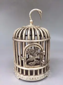 

Collection Tibet Silver Carving Crane Birdcage Small Copper Cage Hanging Household Accessories Animal Statue