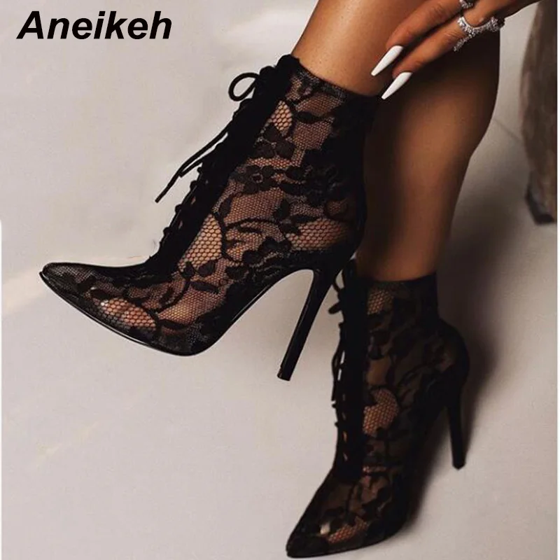 Aneikeh/ г. Новые женские ботинки из сетчатой ткани для зрелых женщин свадебные туфли с острым носком на тонком высоком каблуке, на шнуровке, с цветочным рисунком черный цвет, размеры 35-40