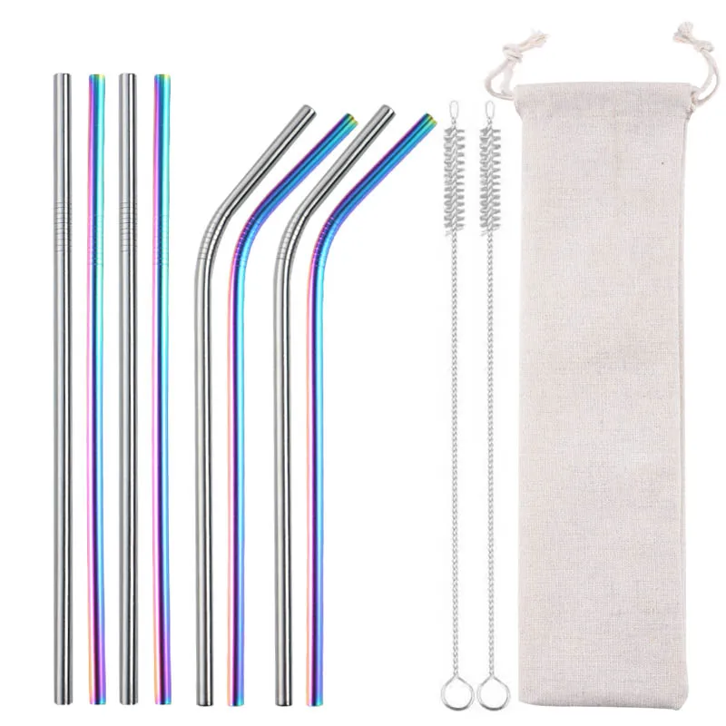 8Pcs-colorful1 Многоразовый металлический питьевой соломинки 304 соломинки из нержавеющей стали прямой согнутой питьевой соломы с чистящей косметичка оптом - Цвет: 8Pcs-colorful1