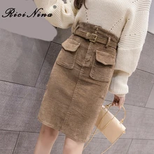 RICININA, осенняя короткая юбка, высокая талия, Вельветовая юбка для женщин,, пояс, карман, винтажная юбка, зимняя, для женщин, Jupe Femme, Ete размера плюс