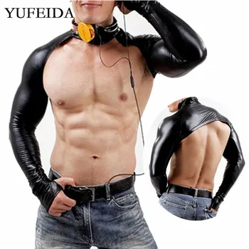 

Sexy Men Body Chest Harness PU Leather Shoulder Tops Arm Sleeves Shrug Crop Tops Stage Costumes Dance Clubwear Gay Exotic Tanks