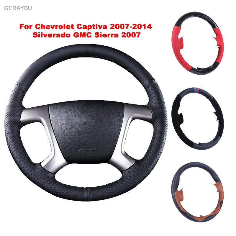 GERAYBU Custom DIY Black Leather Hand sewn Car Steering Wheel Cover For