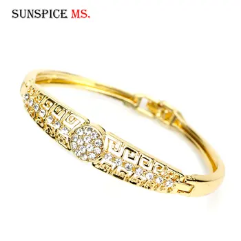 

SUNSPICEMS Gold Color Full Rhinestone Cuff Bracelet Bangle For Women Arabic Ethnic Wedding Party Jewelry Morocco Bridal Gift