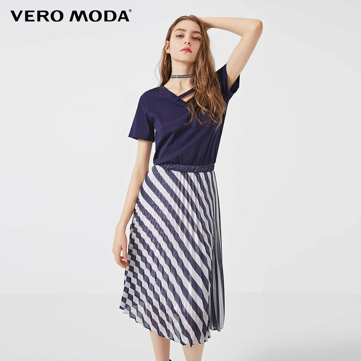 Vero Moda женское Яркое трикотажное Полосатое платье-футболка с буквенным принтом | 319261516 - Цвет: E39 Midnight blue
