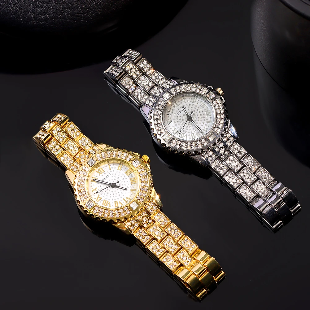 Iced Out Rose Gold Silver Color Watch Women's Luxury Rhinestone Cuban Chain Bracelet Watches Fashion Wrist Watch Hip Hop Jewelry