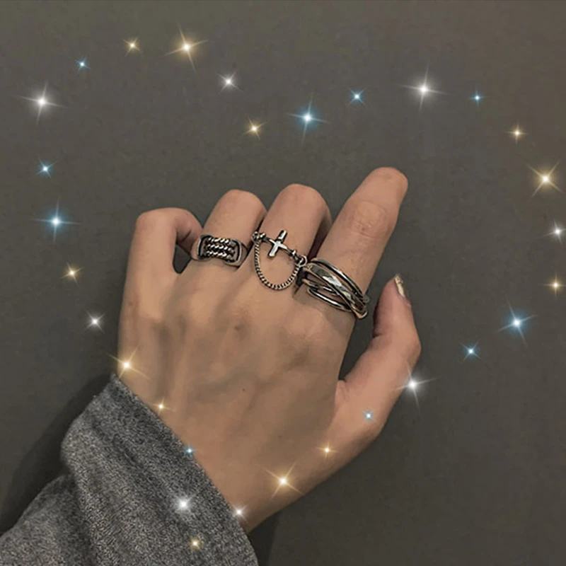 

HZ Hip Pop Punk Vintage Silver Metal Cross Chain Multi-layer Twisted Rings Design Finger Rings for Women Men Couple Party
