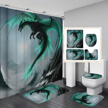 

Modern Flying Dragon Waterproof Bathroom Shower Curtain Toilet Cover Bath Mat Non-Slip Rug Set Bathroom Accessories with 12 Hook