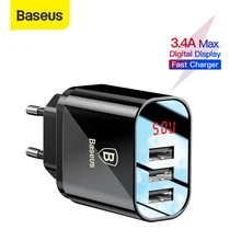 Baseus – Adaptateur mural à charge rapide, chargeur à 3 ports, avec affichage numérique, 3,4a Max, pour téléphone,