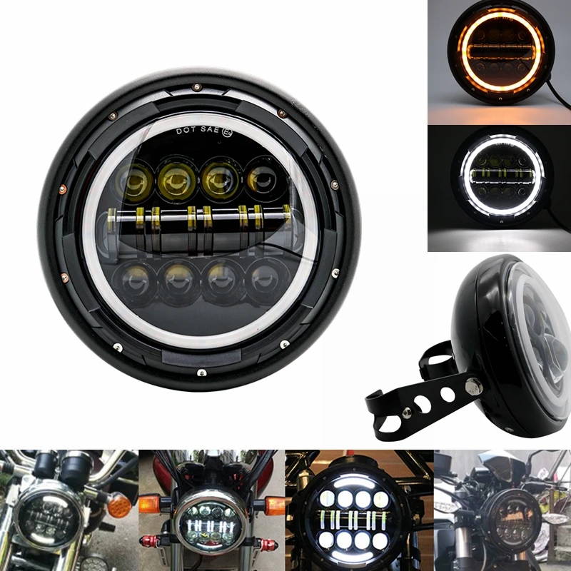 7&quot 7.5 inch LED DRL Halo Ring Amber Turn Signal Headlamp With housing bracket for Cafer Racer Street Tracker Bobber Motorcycles |