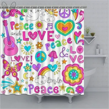 

Fashion Doodle Style Bathroom Curtain Colorful Peace Love Sign Waterproof Shower Curtain Polyester Fabric For Kids Bath Curtain