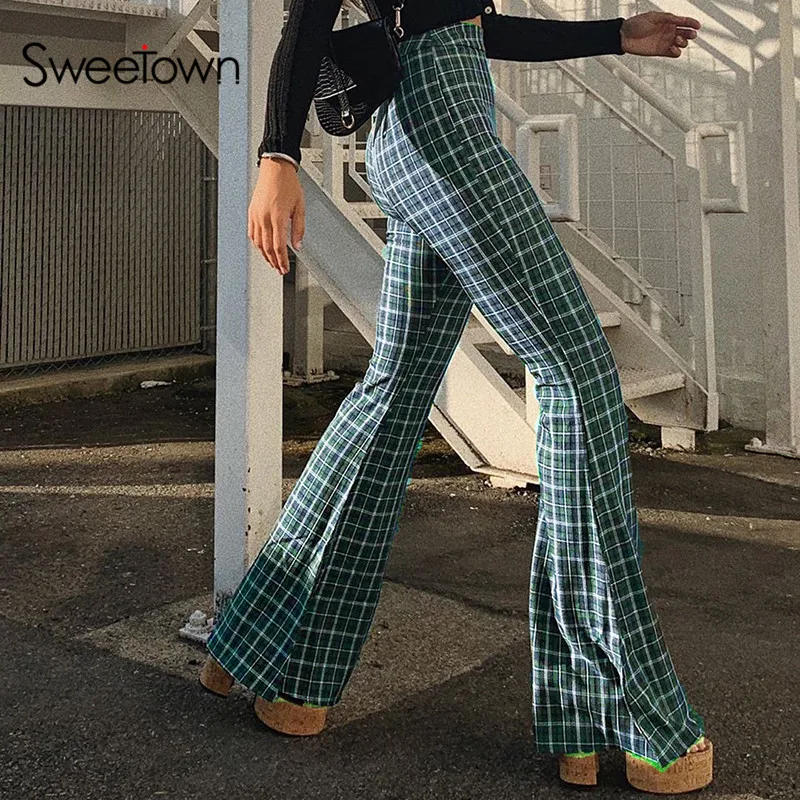Sweetown повседневные клетчатые брюки-клеш Женские Модные эластичные брюки с высокой талией осенние расклешенные брюки уличная одежда