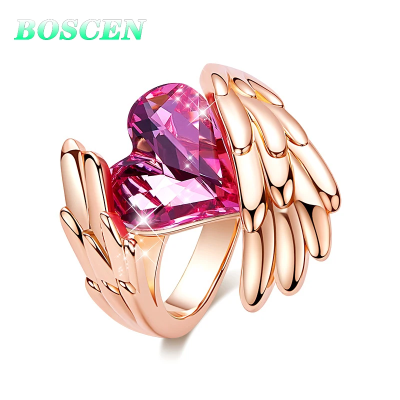 BOSCEN кольцо с крыльями ангела для женщин подарок на день рождения святого Валентина украшенное кристаллами сердце любовь розовое золото