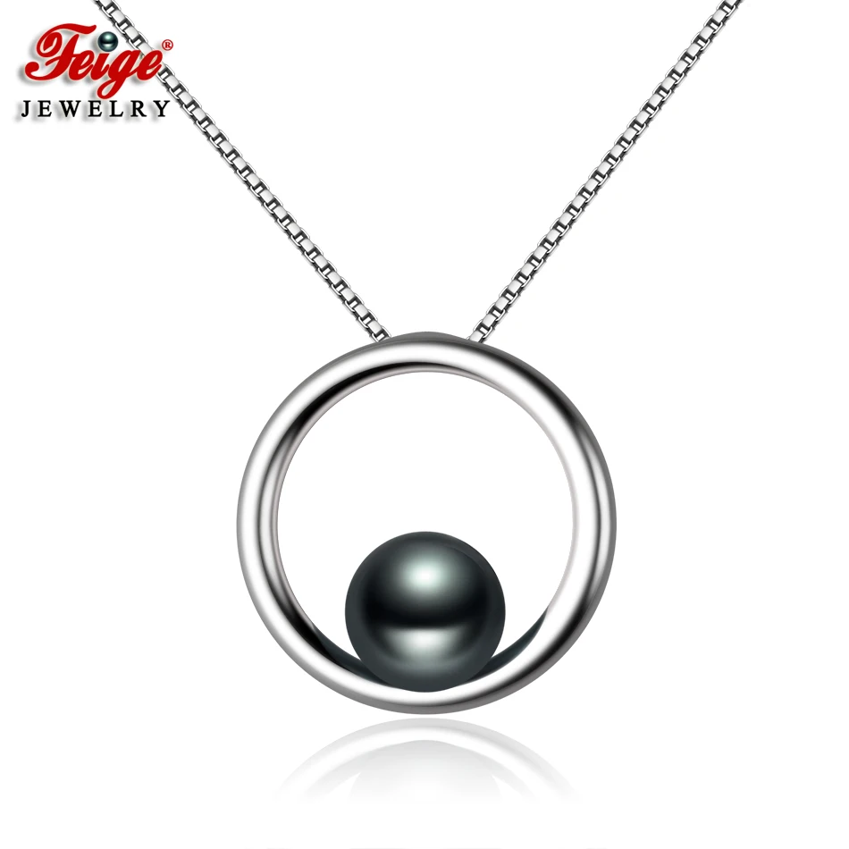 

FEIGE Simple style 7-8mm Black Freshwater Pearl Necklace Real 925 Sterling Silver Pendant Necklaces for Women Fine Jewelry