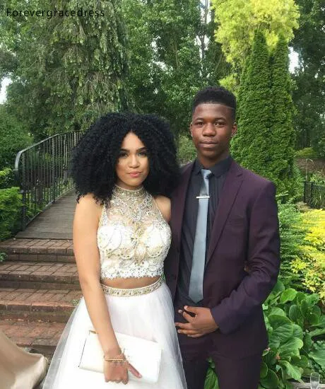2k17 New Two Pieces Prom Dresses High Neck Lace Beaded Backless Crystals Tulle A-line Evening Party Gowns  128 (1)