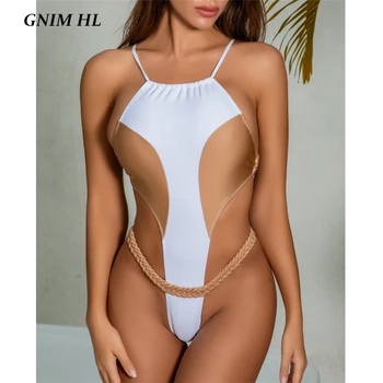 

GNIM One Piece Bikini Swimwear Women 2020 Sexy Backless Stitching Color Bathing Suit Women Thong Brazilian Swimsuit Biquini Set