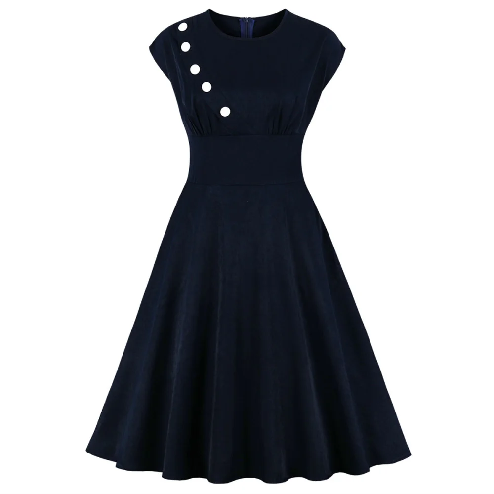 

Joineles Plus Size 4xl Cotton Women Retro Dress Round Neck Short Sleeves High Waist Vintage Dress Button Zip Female Vestidos New
