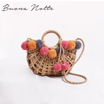 

NEW Colorful Wool Ball Pom Beach Bag Shopping Basket Chic Woven Straw Handbags for Women Shoulder Bag Summer Totes female
