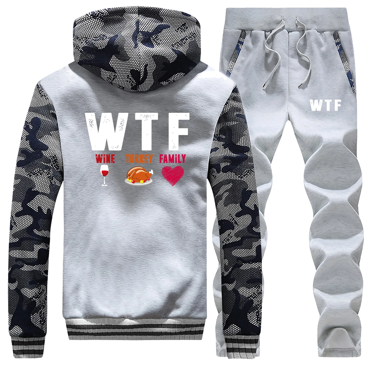 День благодарения WTF вина индейки семья Творческий Толстые толстовки мужская зимняя куртка+ брюки 2 шт. наборы мужской теплый свитер с капюшоном