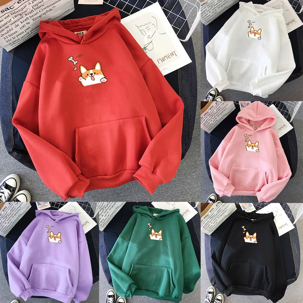 

Women Hoodies Casual Print Solid Loose Drawstring Sweatshirt Long Sleeve Hooded 2020 Autumn Female Pullover with Pocket 
