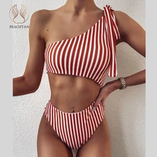 Peachtan sexy um ombro de banho feminino oco para fora um pedaço maiô bandeau biquínis 2020 mujer listra banhistas maiô(China)