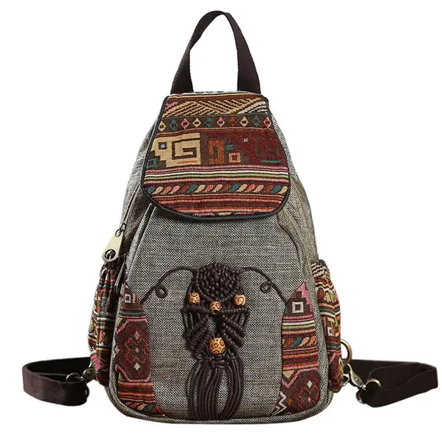 Motaora Handmade Backpack Women's Vintage Canvas Backpacks National Style Geometrical Printed Bag Female Simple Travel Backpack 4