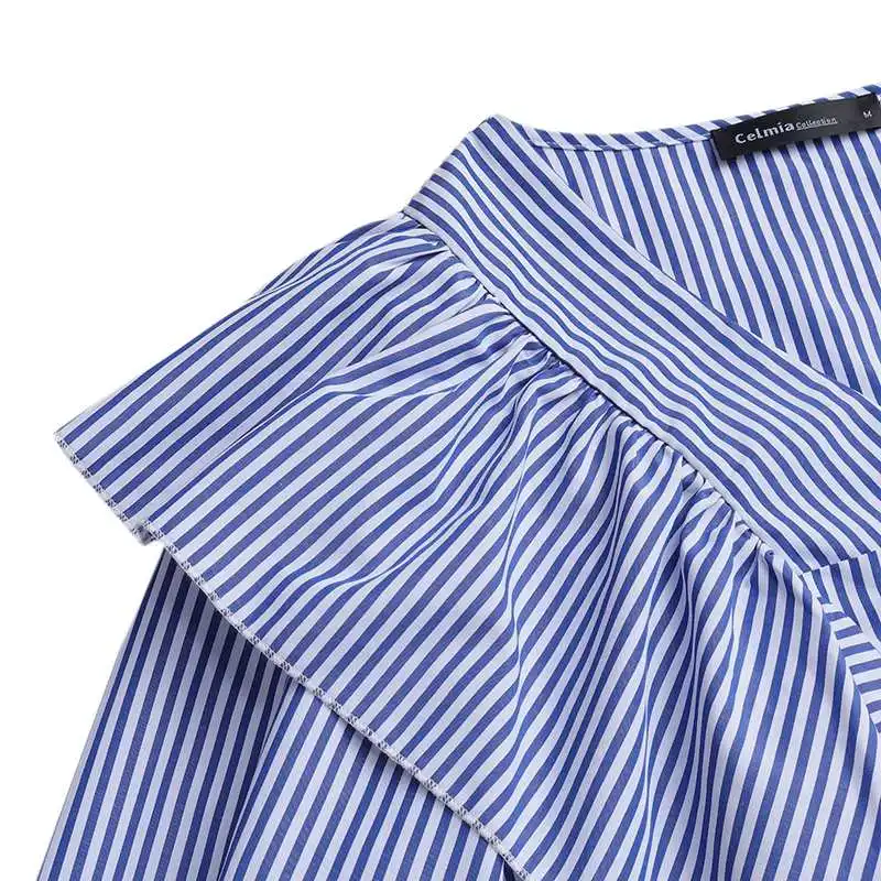 Celmia стильные рубашки женские блузки женские сексуальные топы в полоску с v-образным вырезом и длинным рукавом с оборками повседневные свободные рабочие блузы на пуговицах