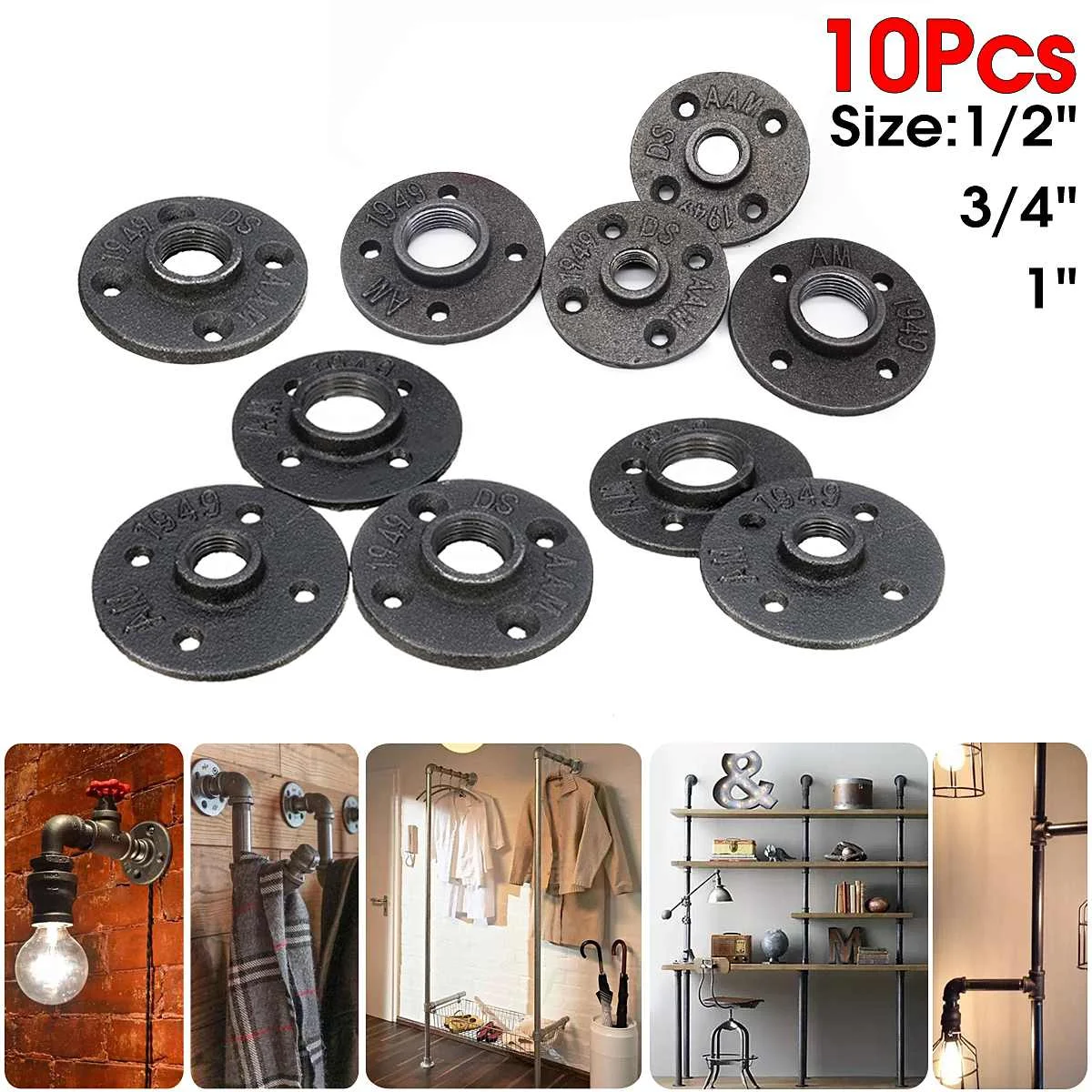 

10pcs 4 holes Iron Pipe Fittings Wall Mount Floor Antique Flange Piece Hardware Tool cast iron Decorative flanges