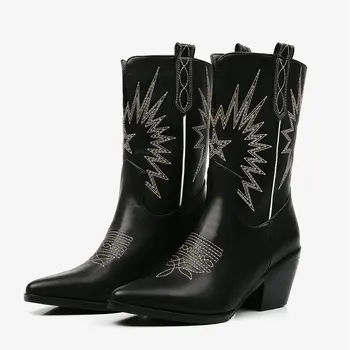 

White Women Boots Autumn Pu Leather Ankle Boots Black High Heel Mid-Calf Boots Fashion Pointed Toe Winter Western Boots 2019 New