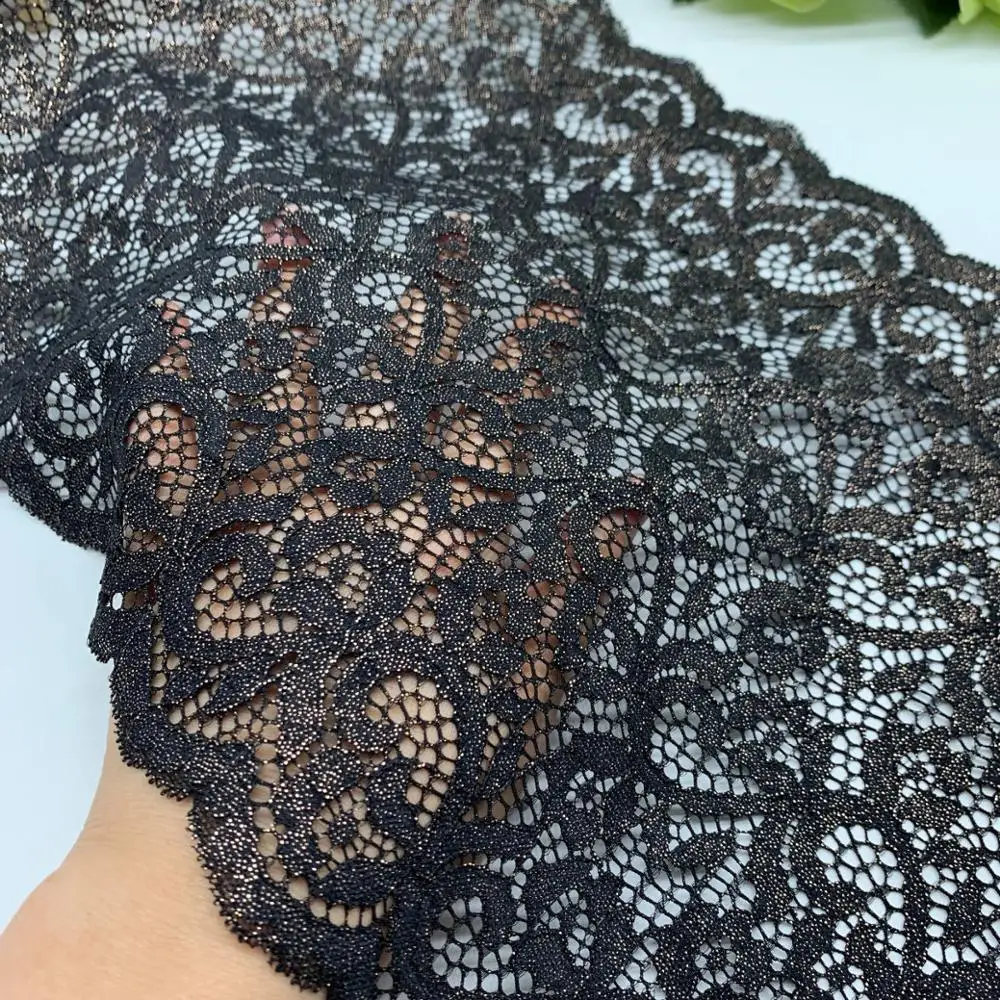 3y/lot Width 24.50cm Black Shiny Foil Elastic Stretch Lace Trims Skirt Hem For Clothing Dress Sewing Applique Costume Metallic 3