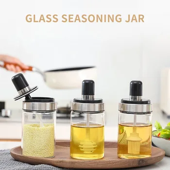 

Korean Style Glass Cover Spoon Integrated Seasoning Jar with Barbecue Brush Kitchen Seasoning Cruet Salt and Pepper Spice Jars