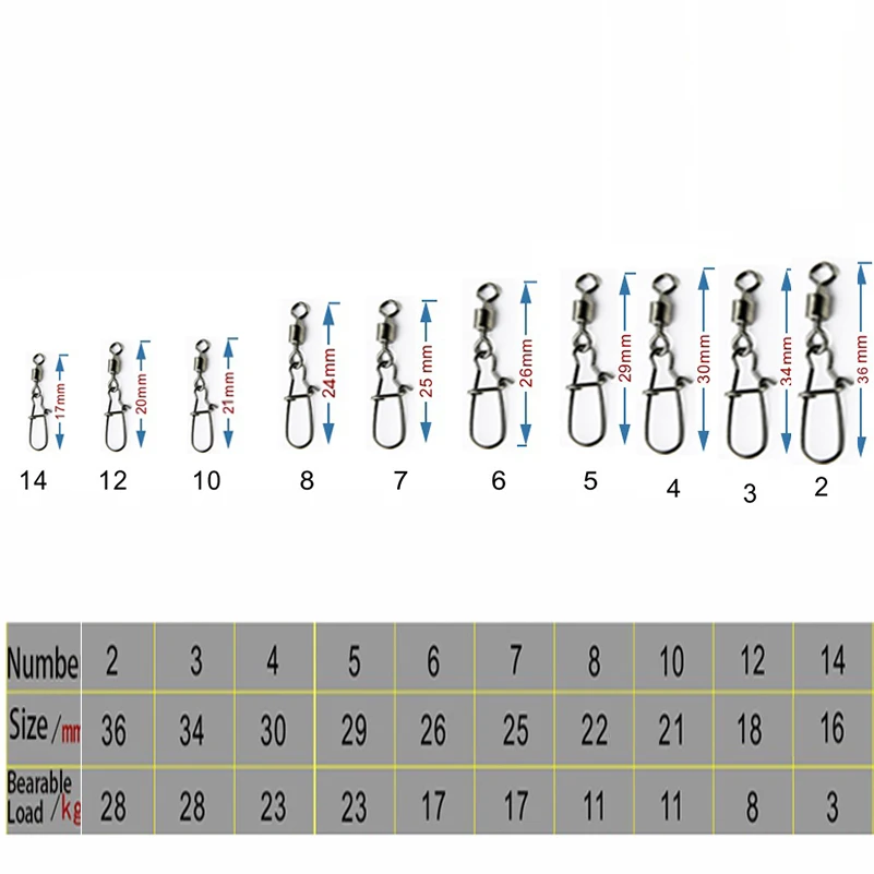 50pcs/1box 2# To 14# Fishing Connector Rolling Swivel Fish Pin Bearing Stainless Steel Snap Hook Lure Tackle Goods For Fishing