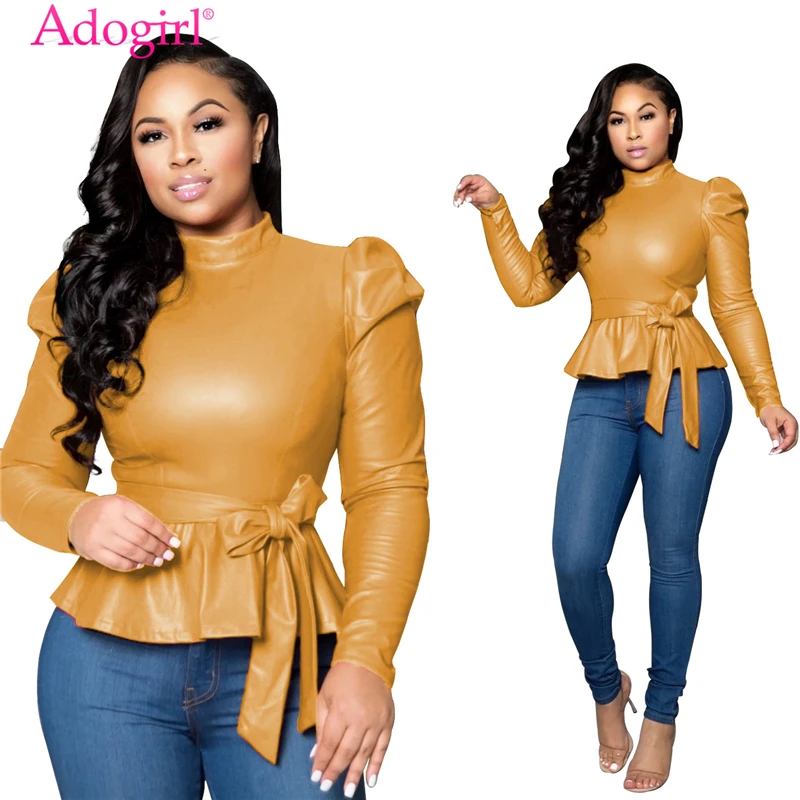 Adogirl Solid PU Leather Peplum Top 2019 Autumn Winter Turtleneck Long Puff Sleeve Fashion Casual Shirt with Belt Female Outfits Adogirl Solid PU Leather Peplum Top 2019 Autumn Winter Turtleneck Long Puff Sleeve Fashion Casual Shirt with Belt Female Outfits