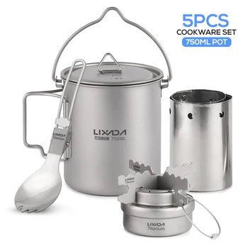 

5Pcs Outdoor Camping Cookware Set 750ml Pot Alcohol Stove Cross Stand Rack with Foldable Spork and Windscreen Picnic Cooking