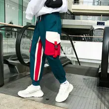 Крутые летние весенние повседневные брюки-карго ins, мужские брюки-карго с большими карманами в стиле пэчворк, в стиле хип-хоп, уличная одежда, полосатые панталоны для мужчин