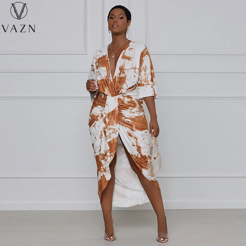 VAZN 2021 INS Early Autumn Long Dress Asymmetrical Vintage V-Neck Half Sleeve Free Sexy Young Fashion Women Maxi | Женская одежда