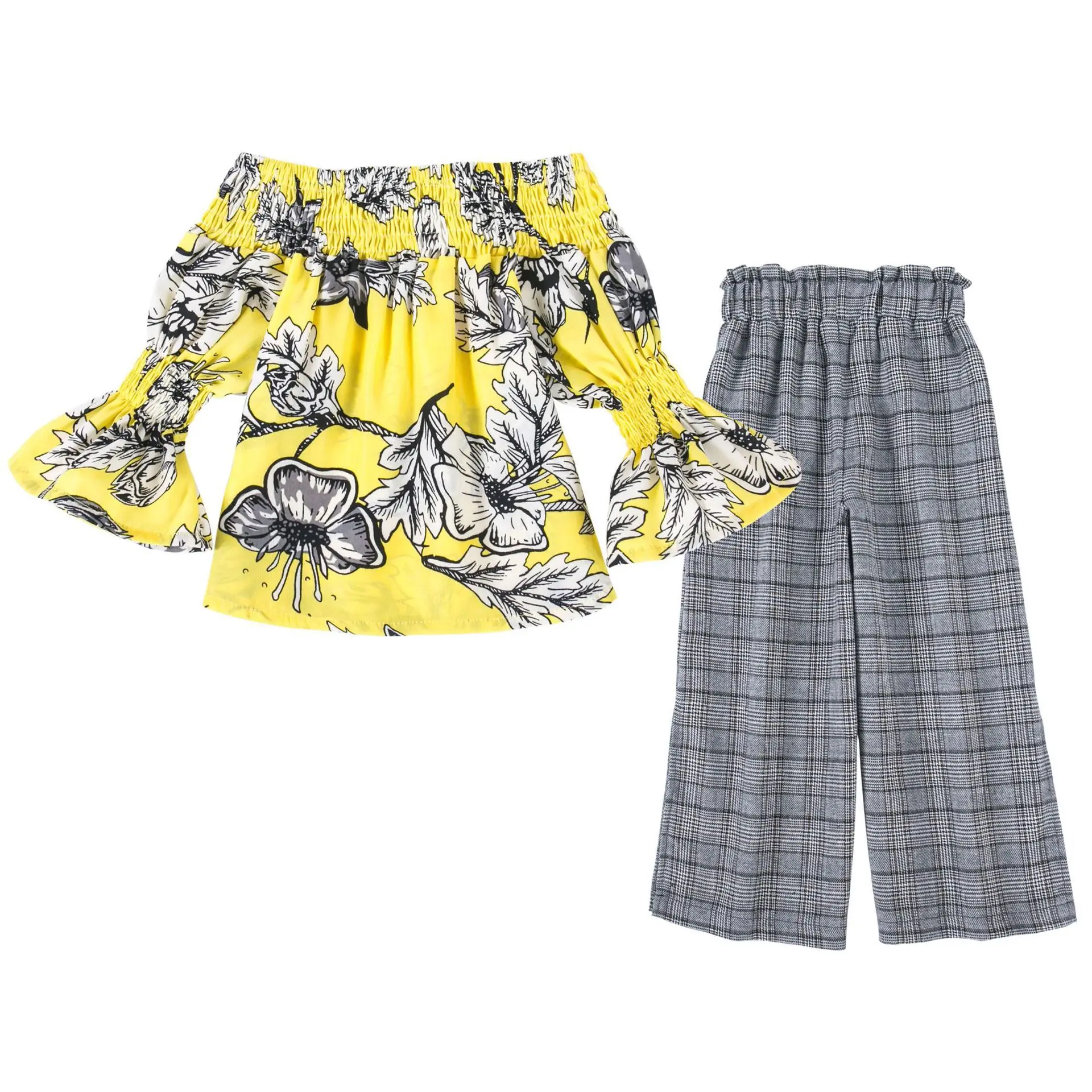 

A Generation of Fat Cross Border Childrenswear Amazon Hot Selling GIRL'S Suit Bell Sleeve Tops Plaid Trousers Two-Piece Set