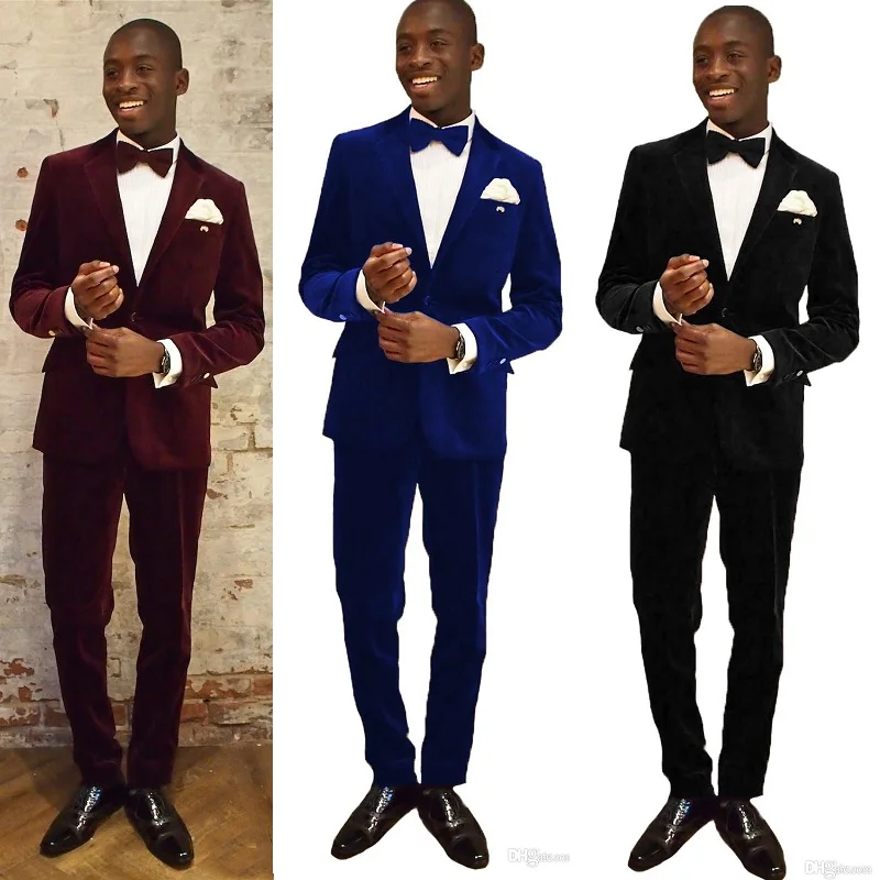 66 (1)Velvet 2 Piece Men Suits for Wedding Notched Lapel Two Button Prom Suits Slim Fit Costume Mariage Homme Tuxedos Suit Set Coat+Pant