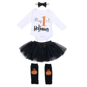 

Baby Girl Halloween Clothing Sets Printd Bodysuit + Mesh Mini Skirt + Headband + Leg Warmer 0-24M Infant Toddler Festival Outfit