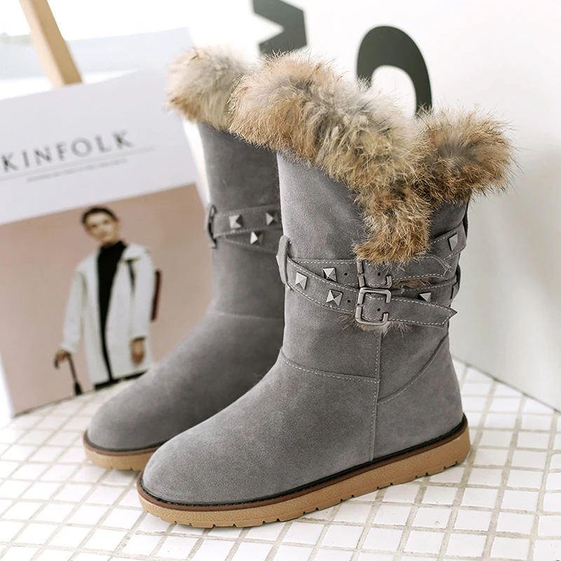 Зимние сапоги для женщин, теплая обувь с натуральным кроличьим мехом, женские зимние сапоги до середины икры, женская обувь на плоской подошве, осенняя повседневная обувь размера плюс