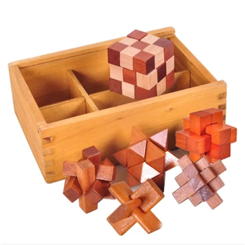 

6pcs Wooden Kong Ming Lock Game Toy For Children Adults Kids IQ Brain Teaser Interlocking Burr Puzzles