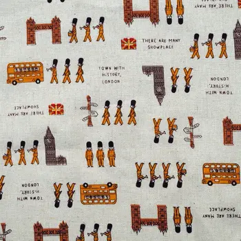 

1 yard Cotton Linen Fabric for sewing pathwork, bedding, hadmaking, Guard In London, Tower, bus (yellow) (width=140cm)