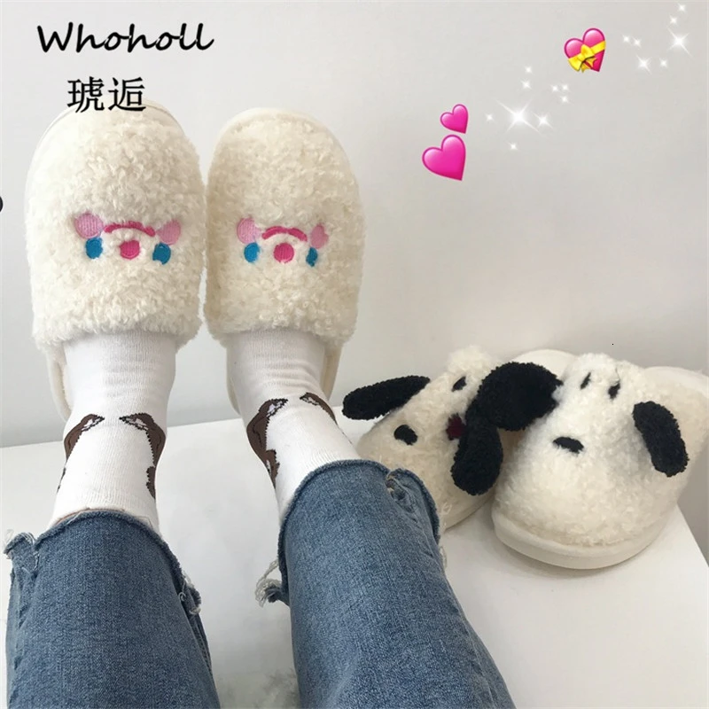Whoholl/Брендовые женские зимние домашние тапочки; обувь с рисунком собаки; мягкие зимние теплые домашние тапочки; домашние тапочки для влюбленных пар; размеры 36-41